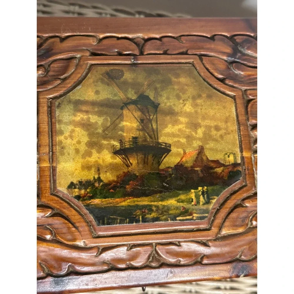 Vintage Hand Carved Cedar Wood Jewelry Box etched Mirror Windmill Footed 50s
